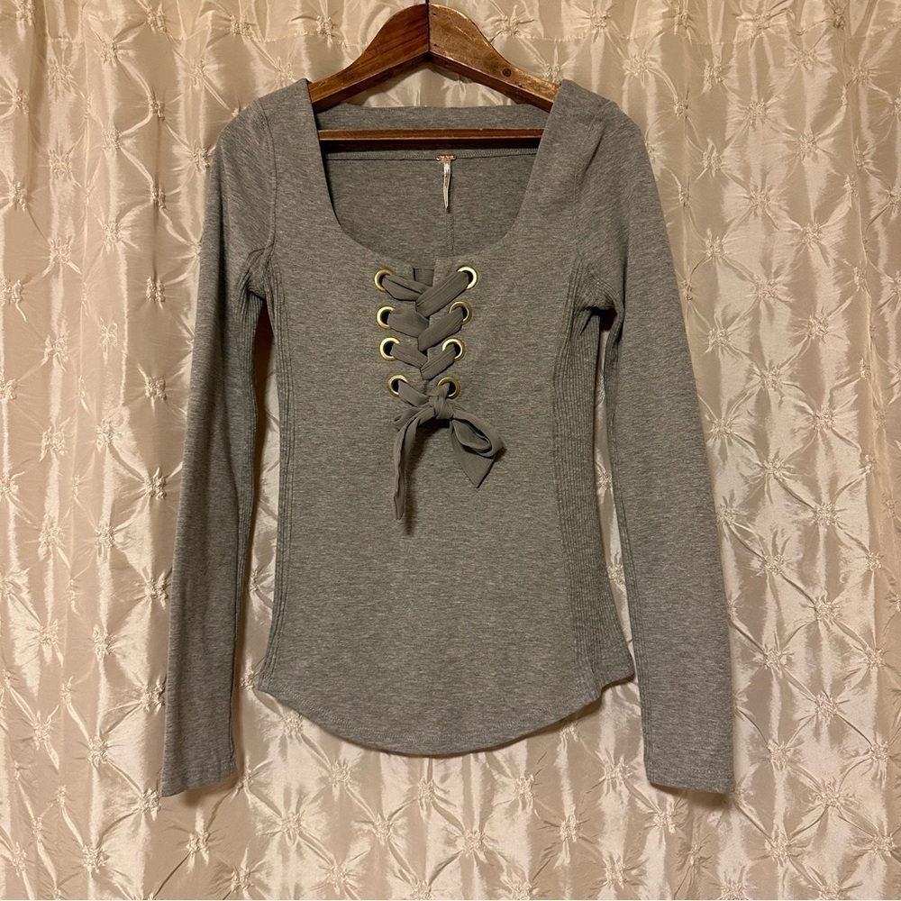Free People Dove Gray Looking Back Lace Up Long Sleeve Top - Picture 4 of 16